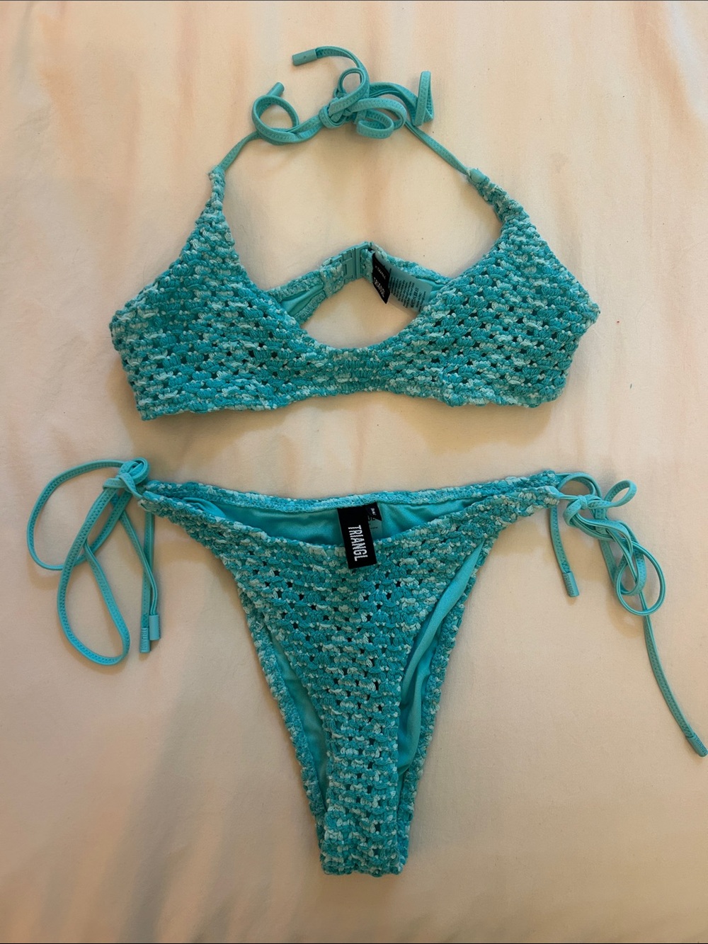 RARE triangl swimwear Crochet Bikini in Aqua Blue